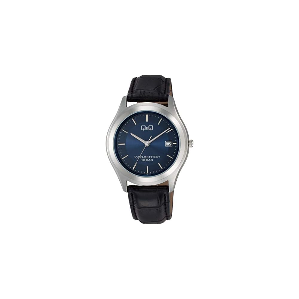 Citizen Q&Q Analog Waterproof Watch with Leather Strap Date Display Navy Dial Men s Black