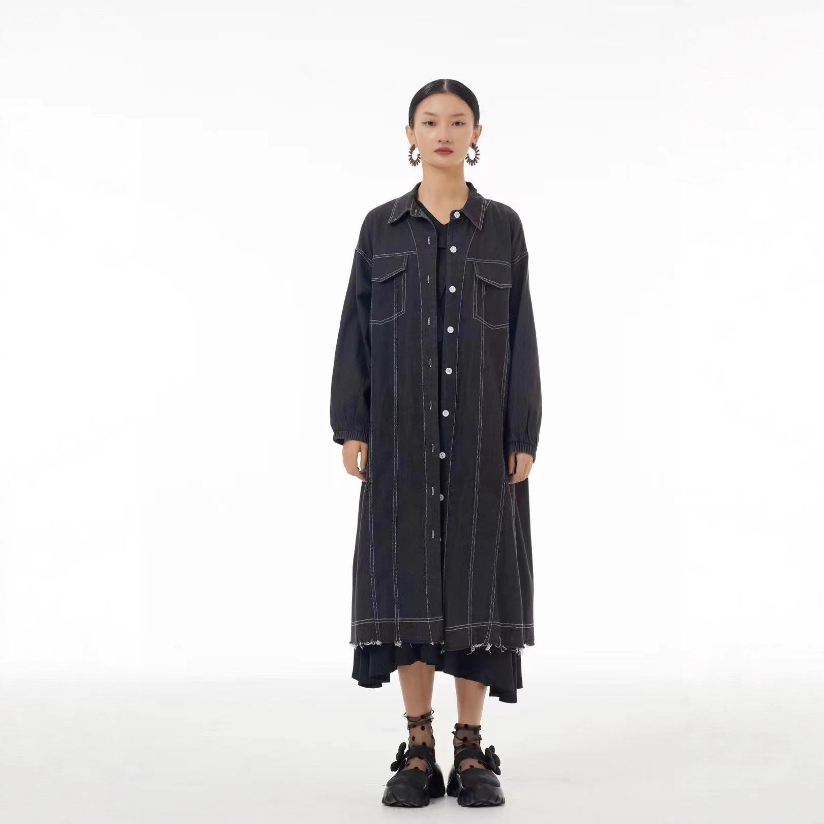 

Spring Loose-Fit Plus Size Color Block Denim Windbreaker Dress One Size чёрный