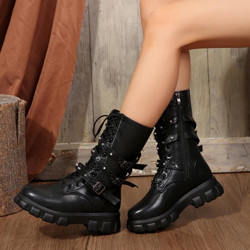 

Мода 2024 Бренд Женская обувь Боковая молния Женские ботинки Модные ботинки на шнуровке спереди Женские зимние ботинки до середины икры с ремешком и пряжкой 43 чёрный