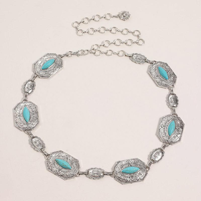 Womens Summer Spring Waist Belt With Turquoise Carved Accents And Closure Hook