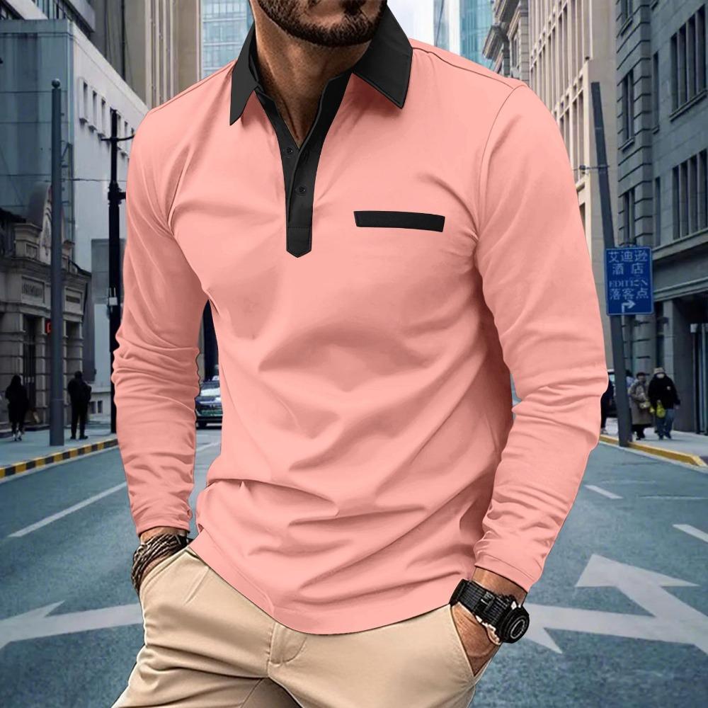 Autumn Men's Casual Button Lapel Solid Color Long Sleeved Polo Shirt