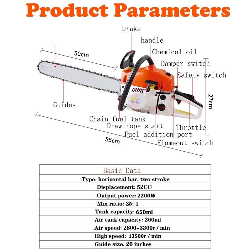 20 Inch High Power Handheld Gasoline Chain Saw 52CC Heavy Duty Wood Cutter Cordless Portable Logging Chainsaw