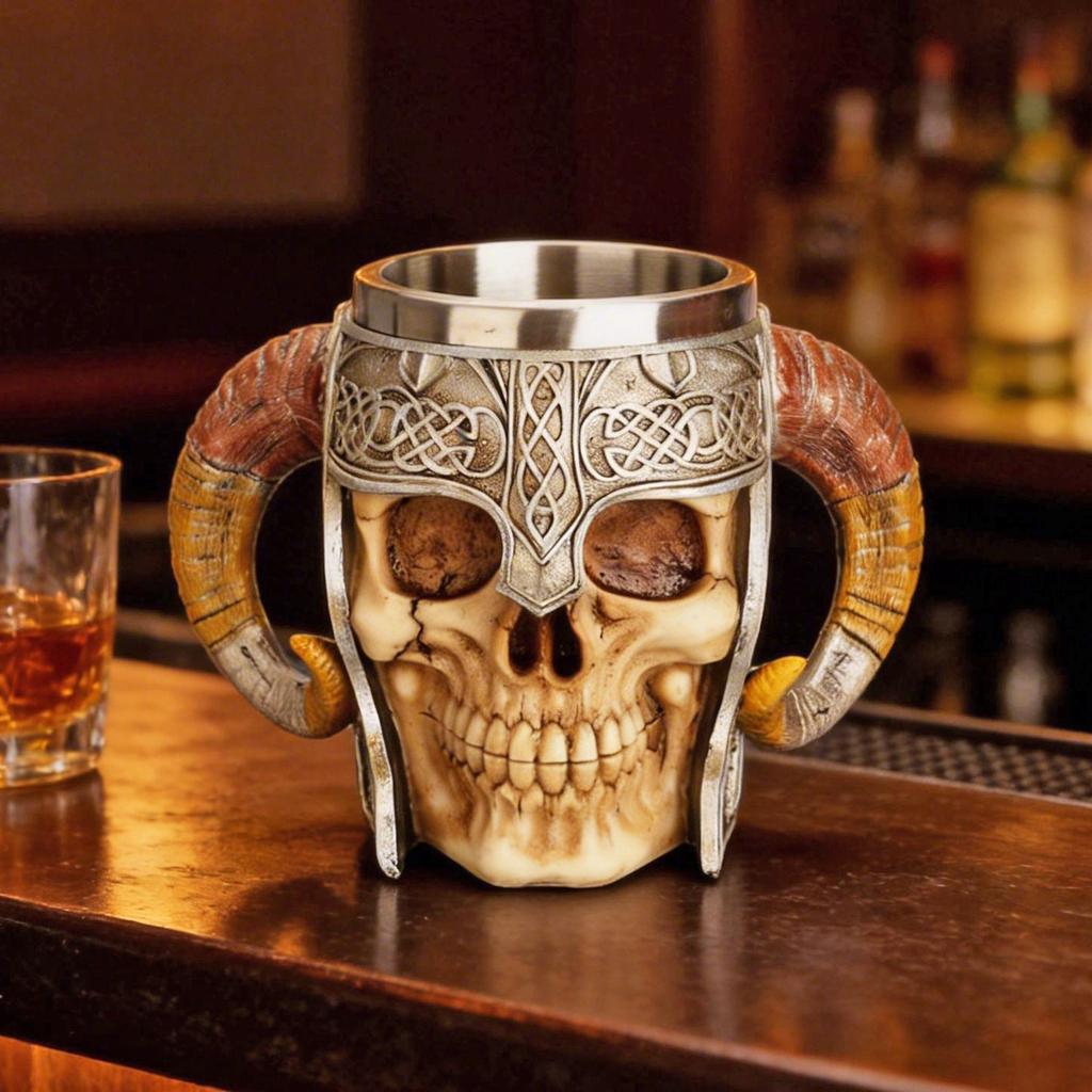 Vintage Skull Knight Croissant Cup Stainless Steel Liner Resin Mug Office Home Ornament