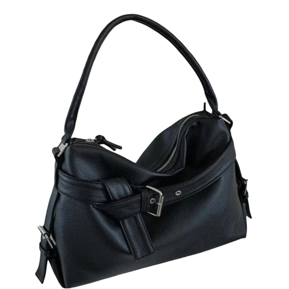 

Large Capacity Motorcycle Shoulder Bag Pleated Design Underarm Bag Leather Tote Bag Shopping чёрный