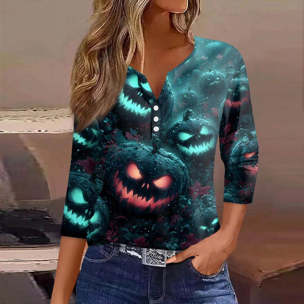 Dames T-shirt Tee Halloween Bedrukt Knoop 3/4 Mouw Tuniek Dagelijks Weekend Mode Basic V-hals Normale Top