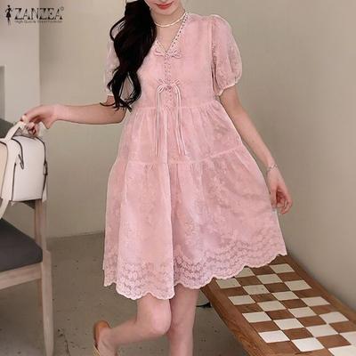 Rochie de vară casual pentru femei, cu decolteu în V, mânecă scurtă și dantelă