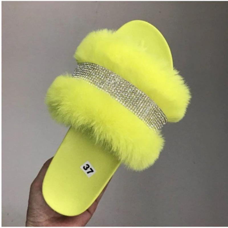 Luxury Designer Women Fur Rhinestone Slippers Platform Wedges Heel Solid Fluffy Furry Slides Outside Sexy Shoes wedges Slippers
