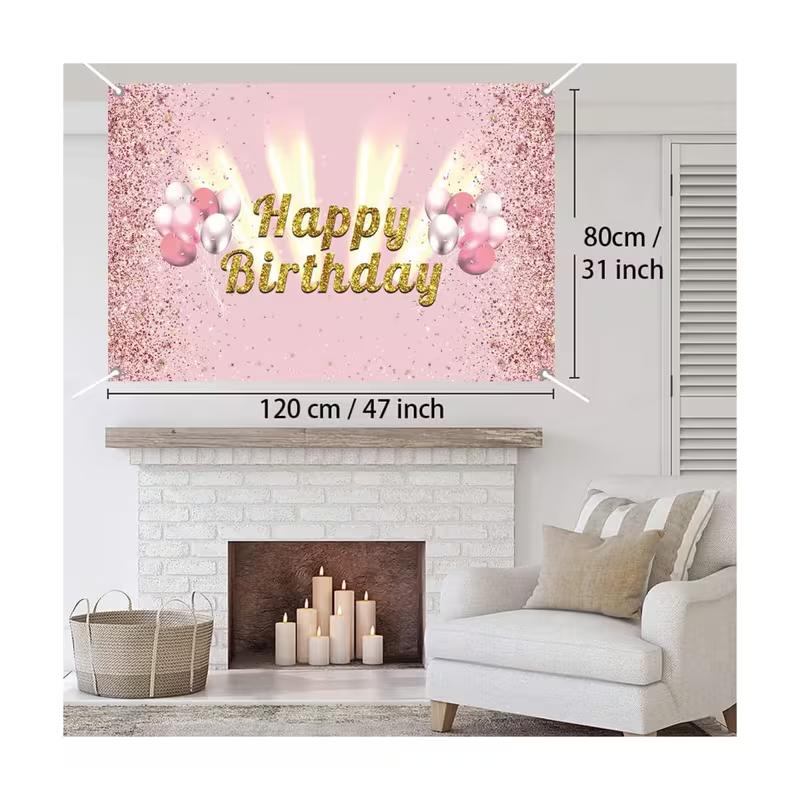 

2D Happy Birthday Background Cloth, Washable Pink Gold Glitter Backdrop for Birthday Party Photo Booth Decor 47.2x31.5inch/120*80cm