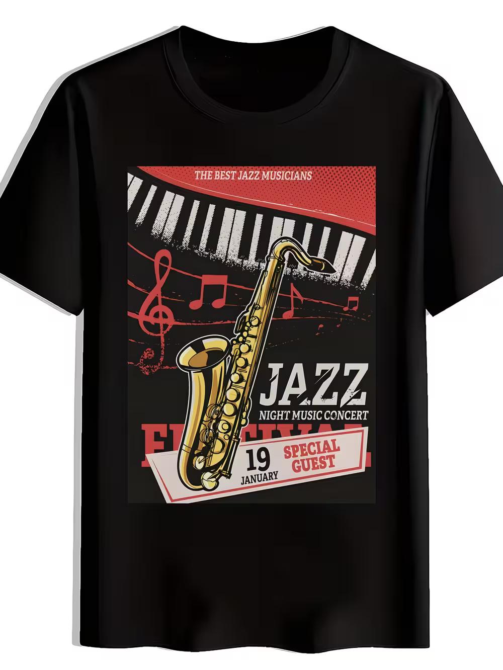 

Men S Black Jazz Night Music Concert T-Shirt - Casual Crew Neck XXXL