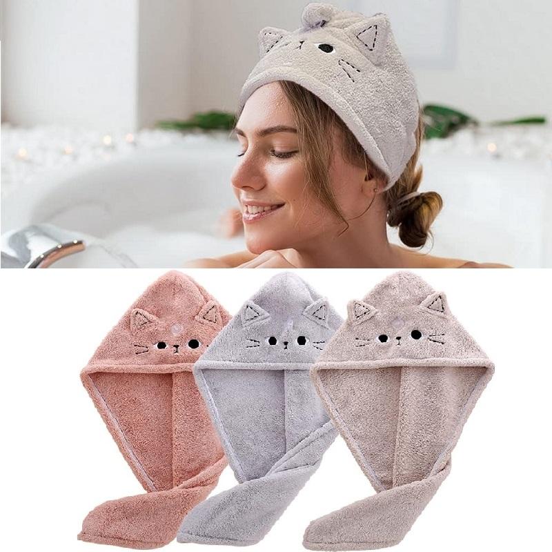 Cute Cat Microfiber Hair Towel Wrap Drying Towels Rapid Turban Funny Towel for Women Girls Curly Long Hair Bathroon Accessories