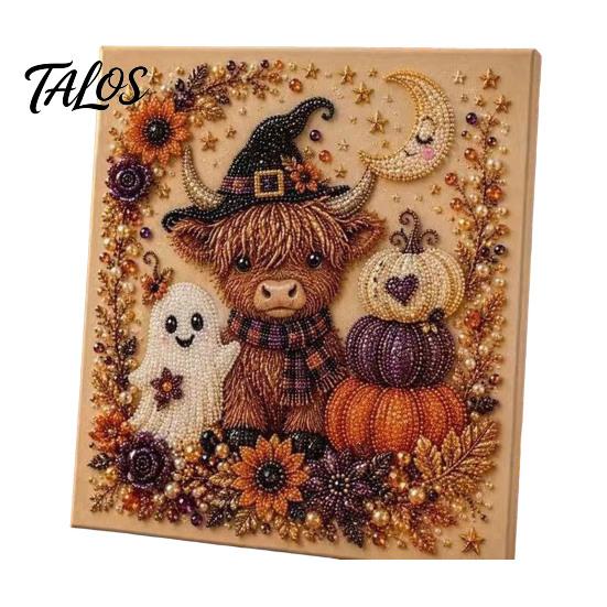 Decorative Hanging Pictures for Halloween Ghost Faux Pearl Art DIY Kit with Frame, Cat Painting Easy Projects Beginners Kit, 3D Witch Pumpkin