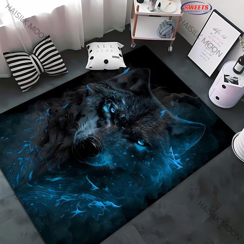 3D HD Blue Flame Lone Wolf Cool Printed Carpet Bedroom Non Slip Sofa Table Area Rugs Living Room Hallway Floor Mats, Fast Arrive