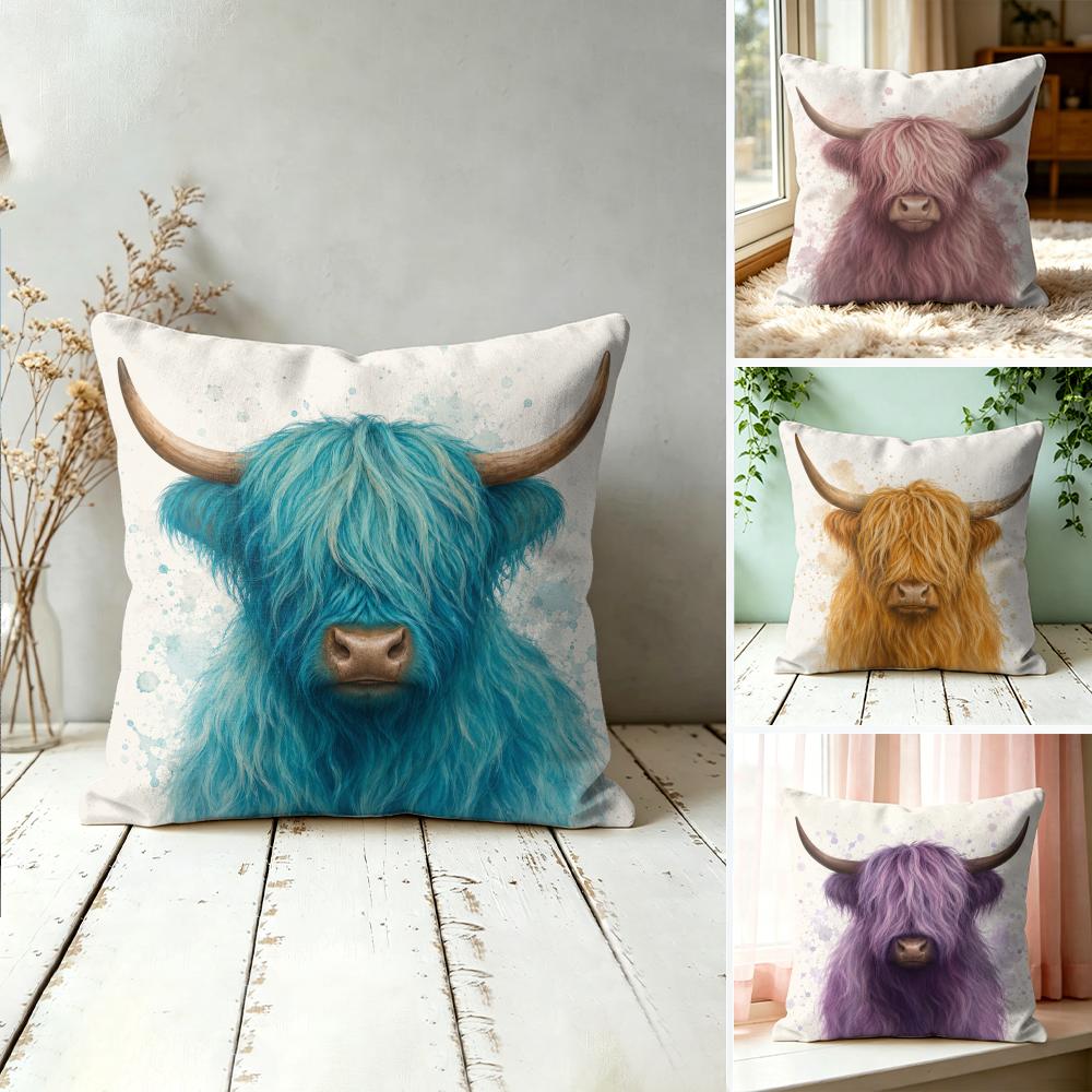 Turquoise Highland Cow Pillow Case Double-Sided Plush Sofa Cushion Covers Organic Breathable Invisible Zipper