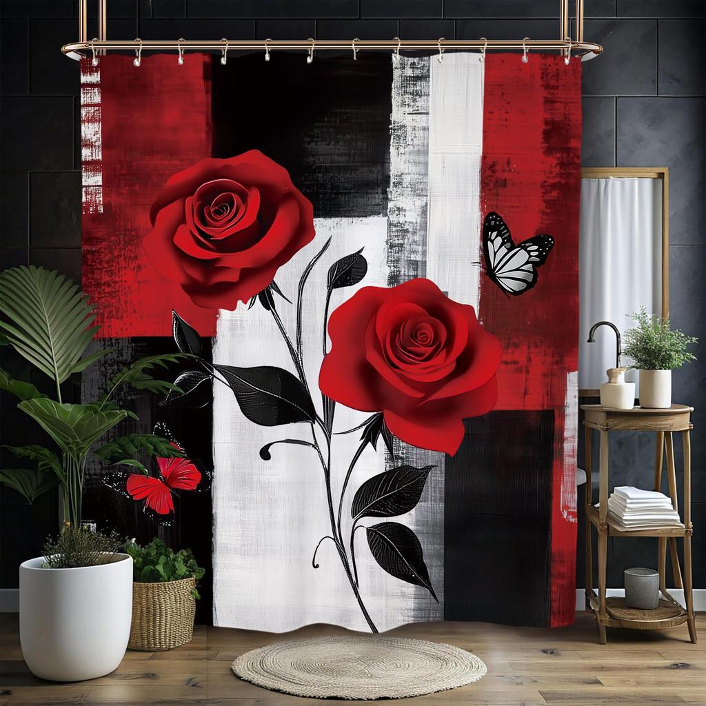 Red Rose Shower Curtain Botanical Floral Romantic Flower Valentine Girls Bathroom Curtain Decor Waterproof Fabric Include Hooks