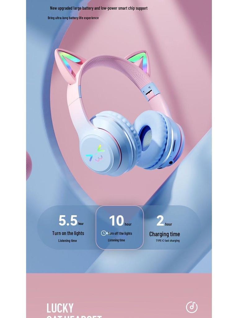 Gradient Cat Ear Bluetooth Over-Ear Headphones: High-Value, Wireless Stereo, Perfect for Gaming & E-Sports
