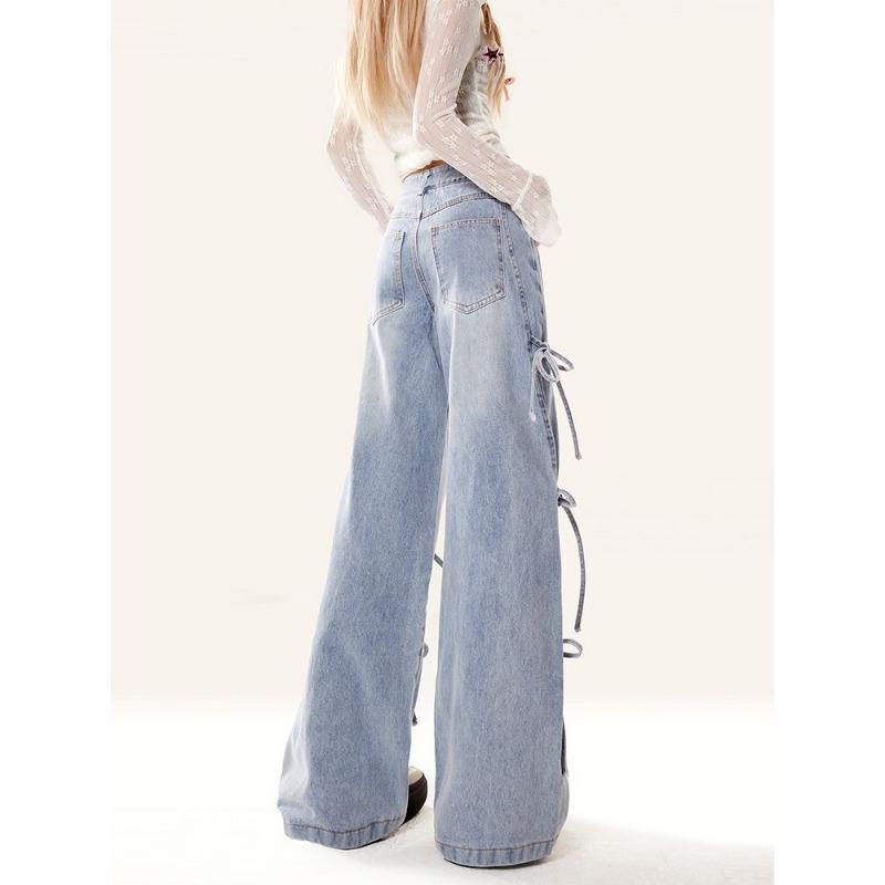 Bow Lace-up Jeans for Women Fall New American Retro Everything Loose Wide Leg Mop Long Pants Ins