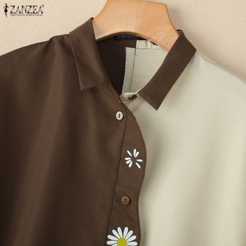 ZANZEA Damen Lässig Umlegekragen Sommer Kurzarm Patchwork Bluse