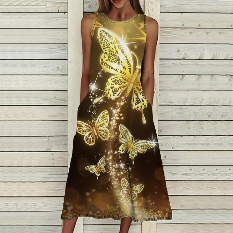 

Летнее модное сексуальное платье без рукавов, мягкое повседневное платье с 3D принтом золотой бабочки, платье на бретельках без рукавов, летнее платье на подтяжках