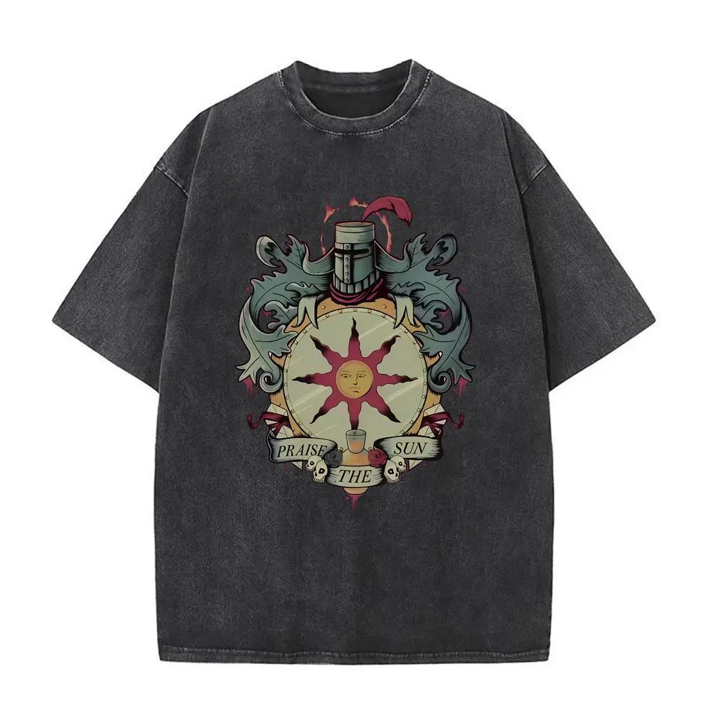 Game Dark Souls Church of The Sun Washed Vintage T Shirt Men Women Gothic Rock T-shirts Men s Casual Oversized T Shirts S разноцветный