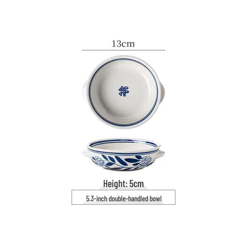 Retro Blue & White Porcelain Double Ear Round Jar - Large Deep Soup or Rice Bowl, Creative Ceramic Tableware for Hotels & Restaurants