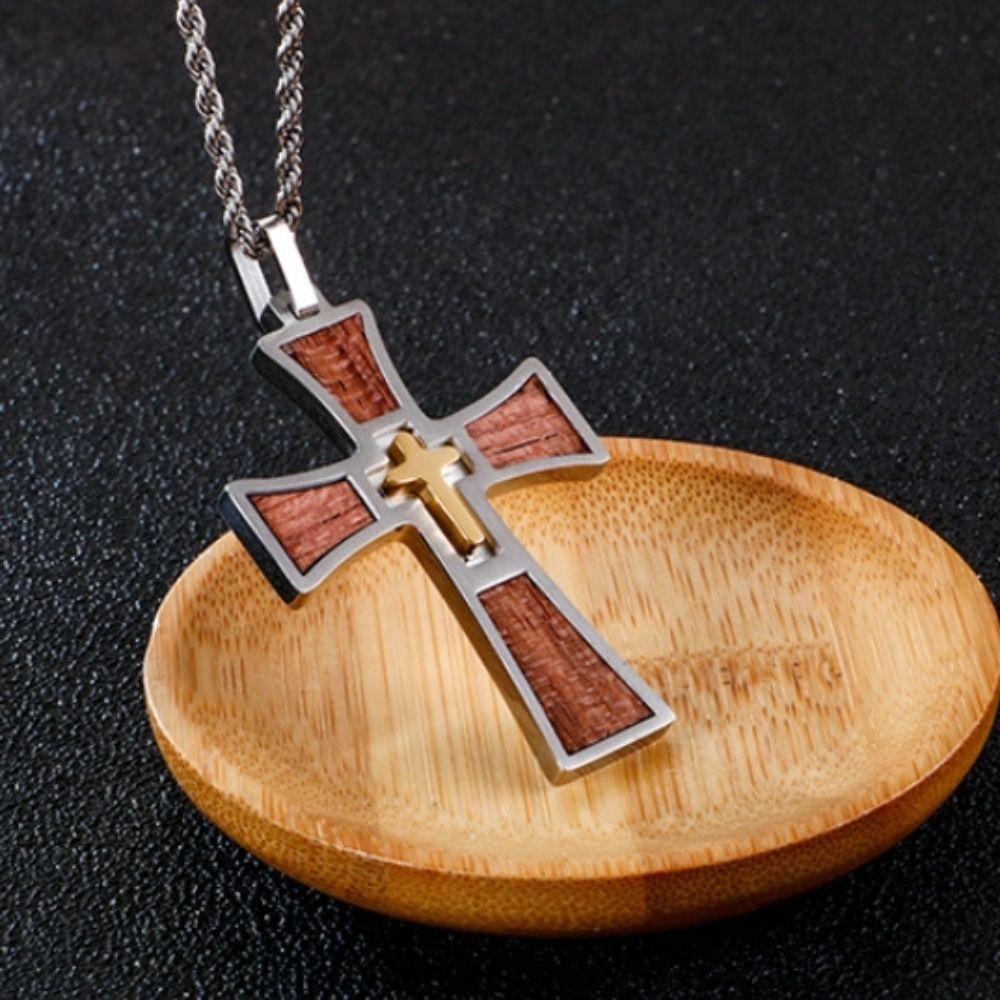 Wood Inlay Crucifix Pendant Titanium Steel Catholic Necklaces Pendant  Spiritual Meditation