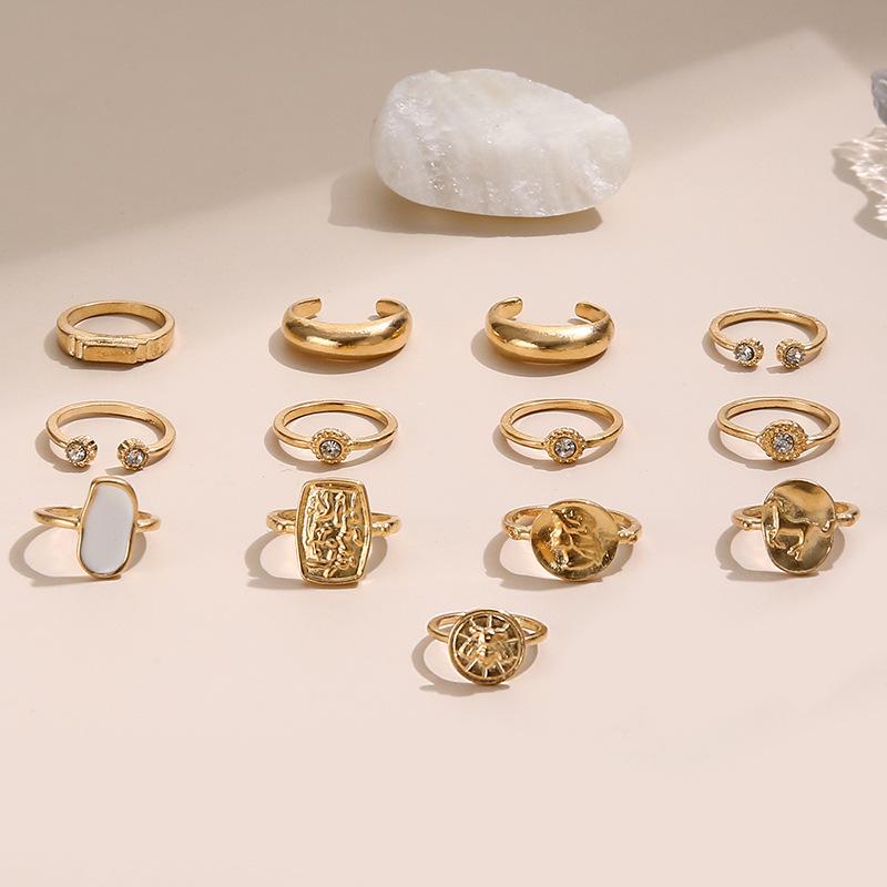13-Piece Adjustable Open Opal Ring Set with Diamond-Set Hollow Relief Portraits for Women