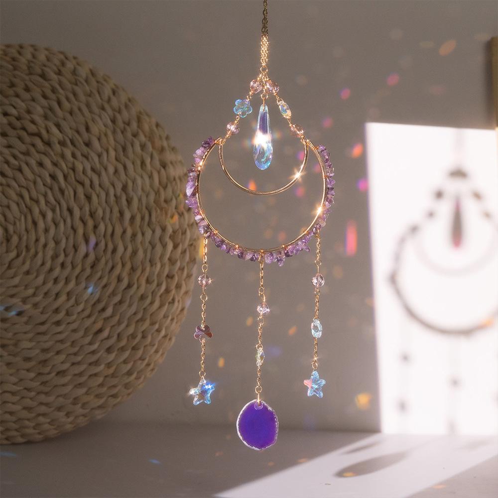 Natural amethyst gravel moon sun catcher wind chime purple agate sheet pendant garden pendant Shadow moon sunshine catcher