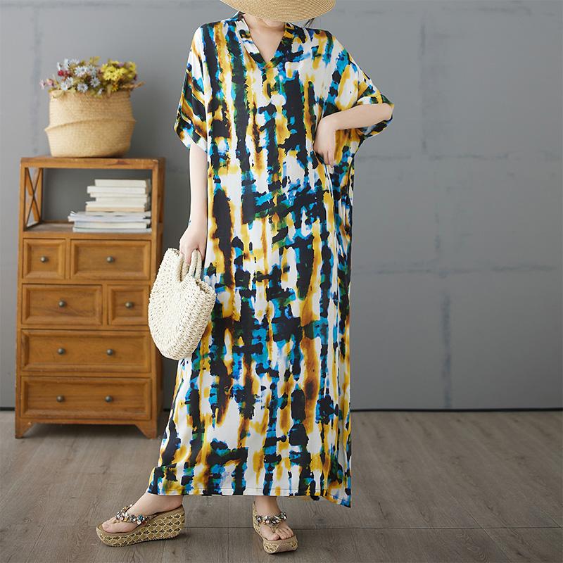 DIMANAF Plus Size New 2025 Women Summer Printing Dress Basic V-Neck Beach Casual Long Fashion Loose Dress
