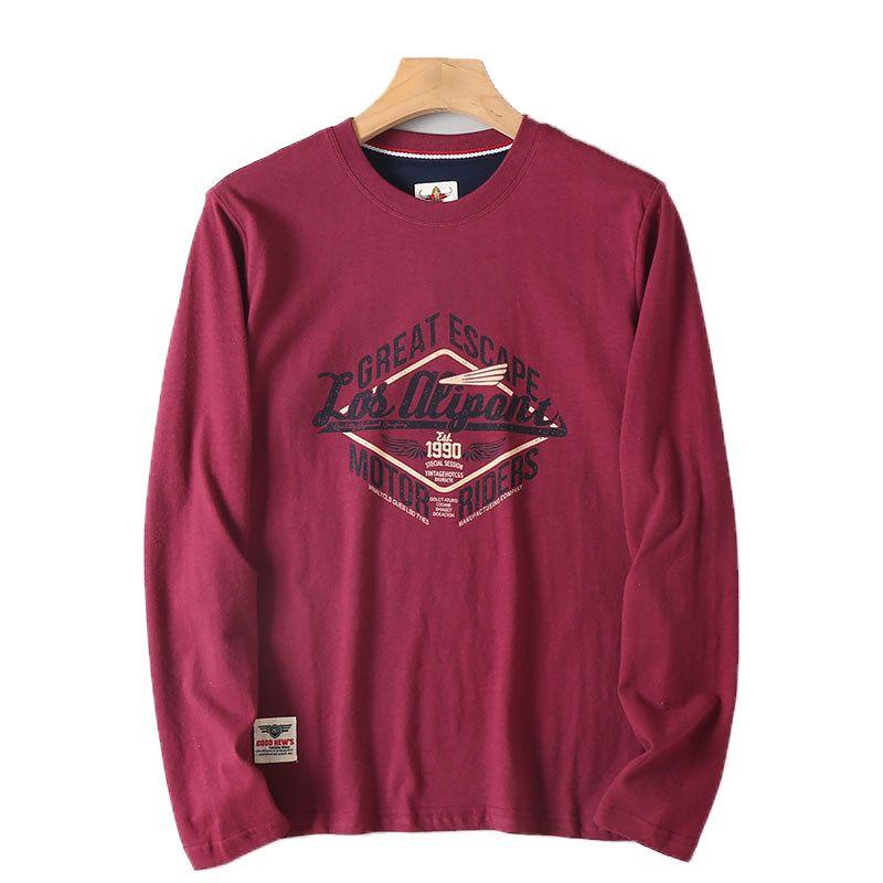 Foreign Trade Export Cattle Goods Overplus Order Cotton Washed Sanding Print T-shirt Men's Spring and Autumn Loose Long sleeve Bottoming Shirt Fashion
