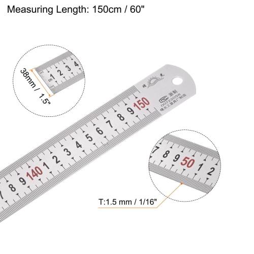 uxcell Stainless Steel Ruler, Straight Edge Measuring Tool for Woodworking, Painting, and Crafts, 1.5m Long x 1.5mm Thick x 38mm Wide, Silver Tone