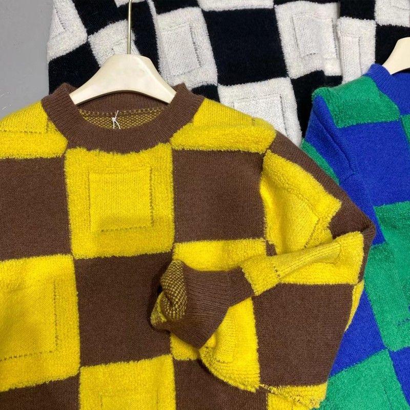 Autumn/Winter Sweater Color Contrast Thick Knitted Three Dimensional Plush Large Grid Lazy Style Sweater for Women