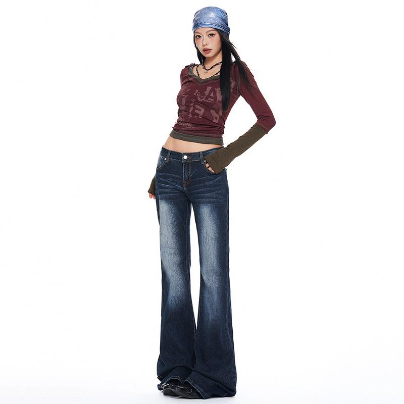 American Spice Girl retro nostalgic micro-pull jeans women's autumn new elastic and thin versatile horn pants