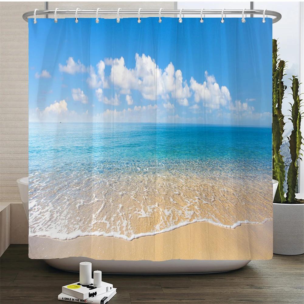 Waterproof Shower Curtain For Bathroom Sunny Sea Beach landscape Print Bathtub Curtains Polyester Bathroom Curtain with 12 Hooks