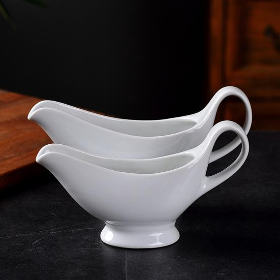 White Ceramic Gravy Boat Sauce Server with Large Pour Spout Non-Slip Bottom Gravy Dispenser for Gravy Salad Dressings