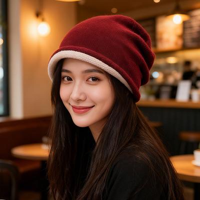 Double Rolled Brim Hat for Women Showing Face Small Pile Hat Warm Knitted Woolen Hat Large Head Circumference Pullover Cold Hat