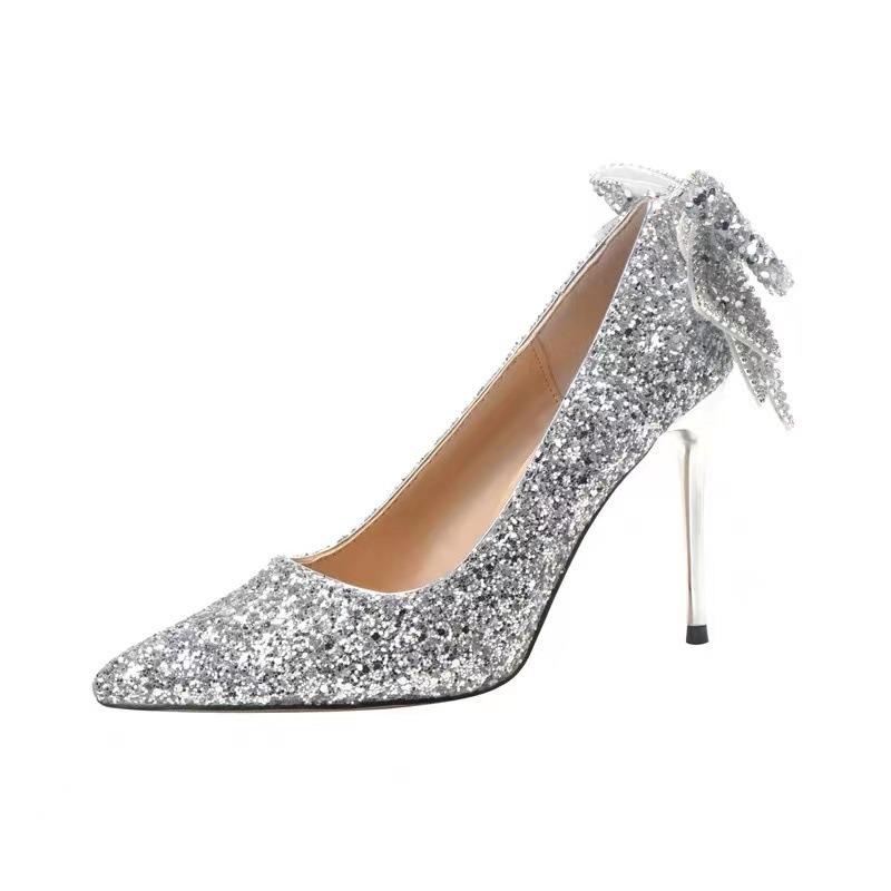Silver Crystal High Heels Women's Slim Heels Age Into Dress Temperament Bow Light Mouth Wedding Shoes Bride Shoes
