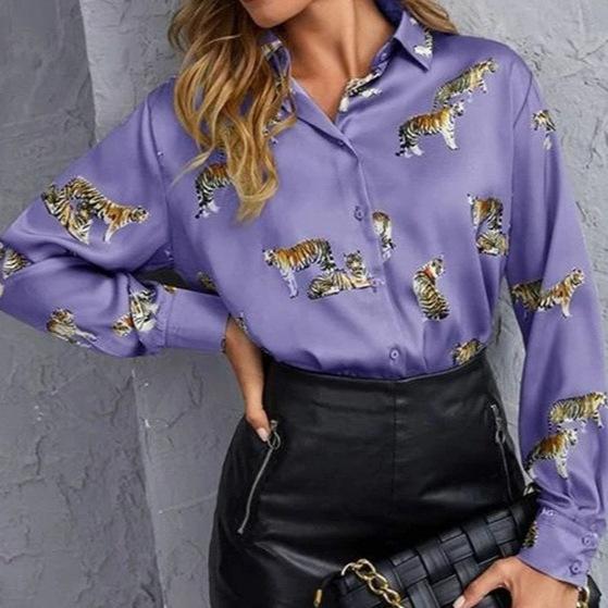 Women's Long Sleeve Turn Down Collar Shirt Autumn Elegant Commute Satin Blouse With Full Tiger Animal Print Loose Fit Button Down Top