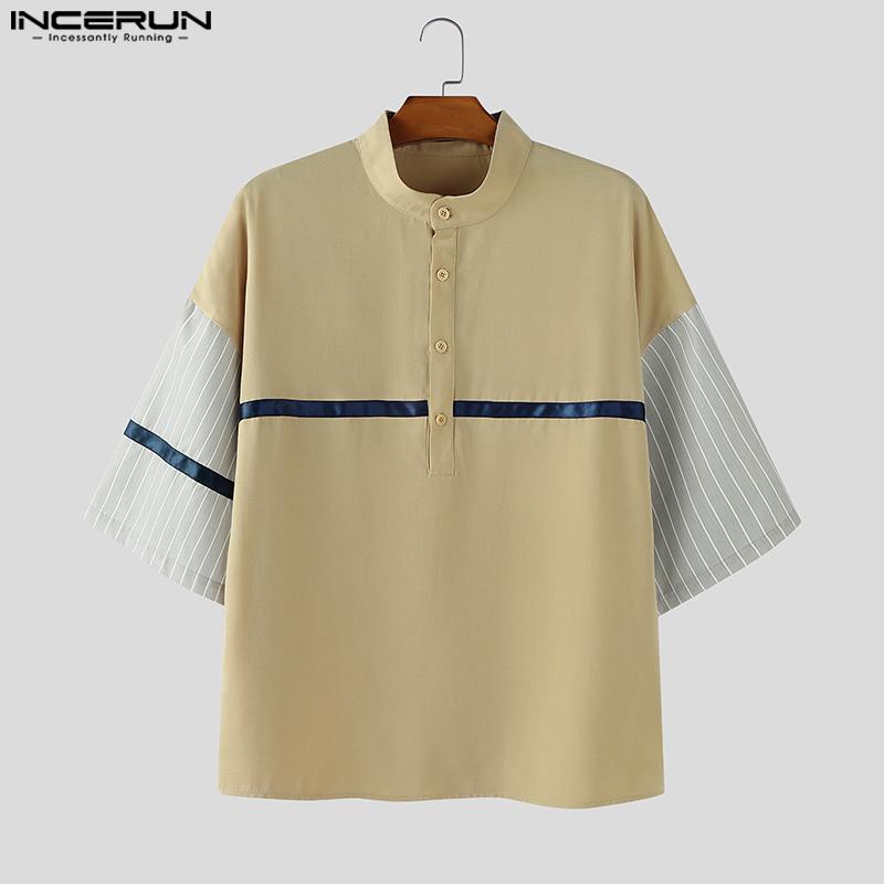 INCERUN Oversized Men Casual Loose Half Sleeve Stitching Striped Shirts
