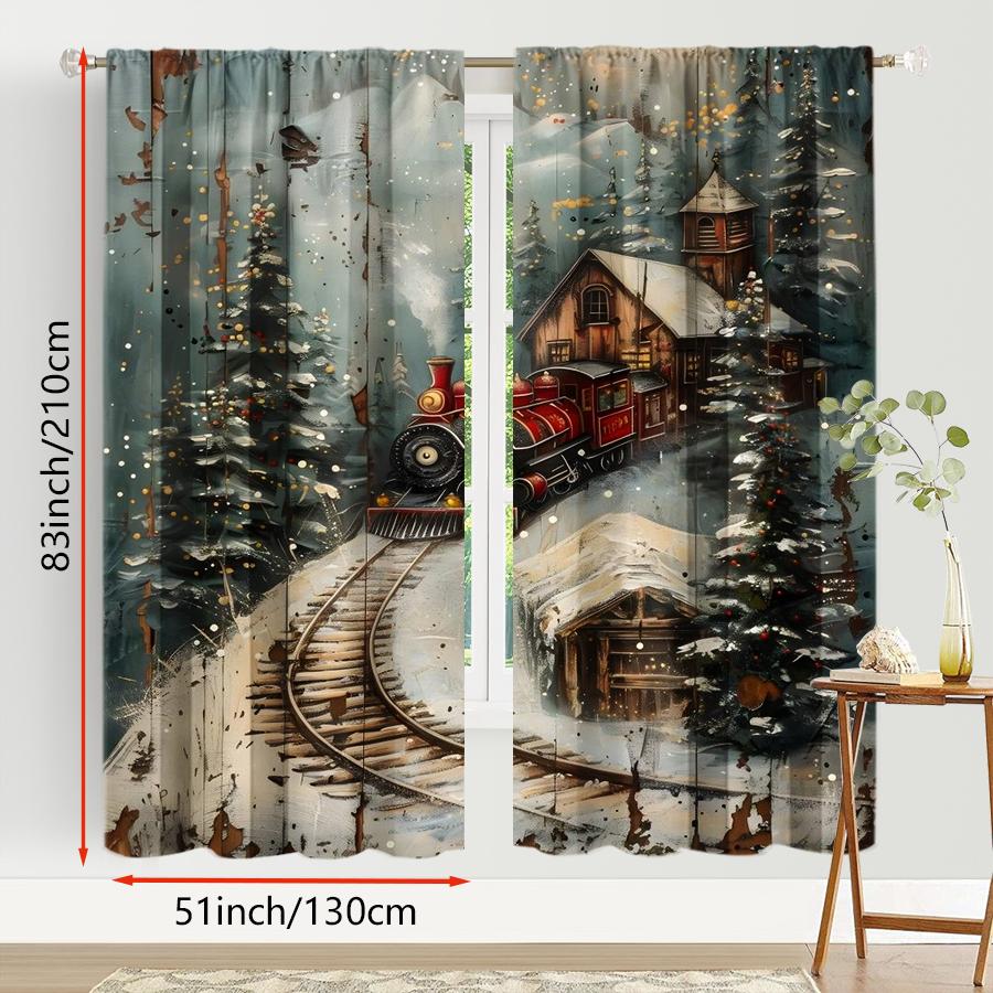 2PCS Christmas Train Curtains, Vintage Wooden Board Snowy Village Scene, Retro Holiday Locomotive Window Drapes for Bedroom