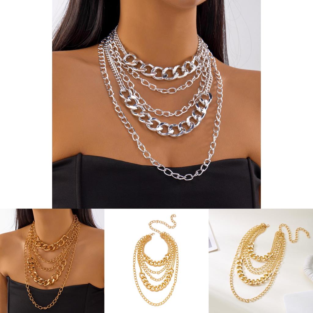 Collier Punk Géométrique Superposé Avec Chaîne Surdimensionnée Pour Femmes Et Hommes