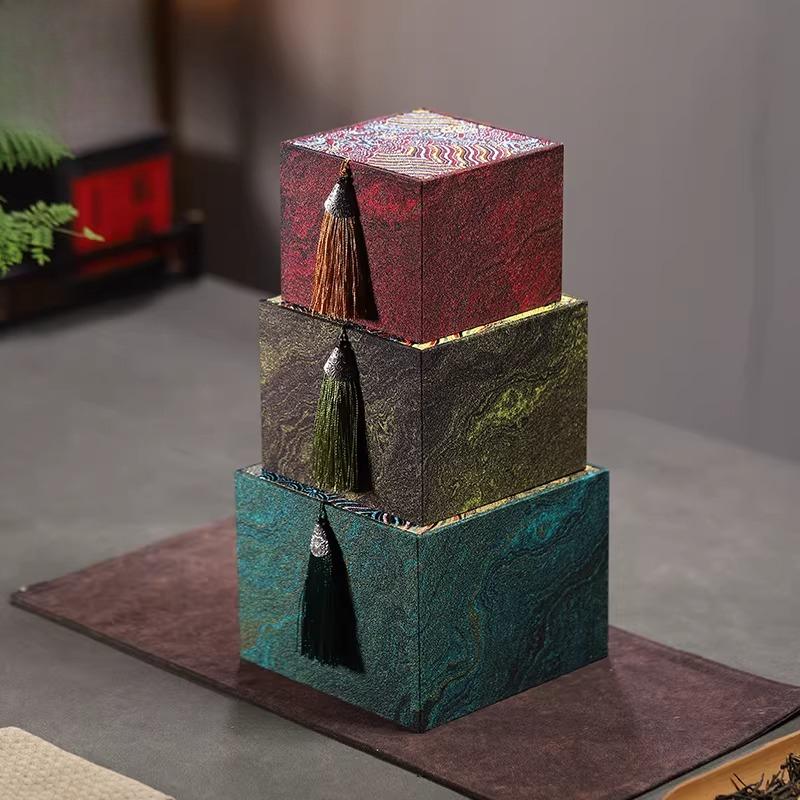 Marble Patterned Tassel Brocade Box Vintage Chinese Style Purple Clay Teapot Storage High End Souvenir Gift Box Handmade Elegant
