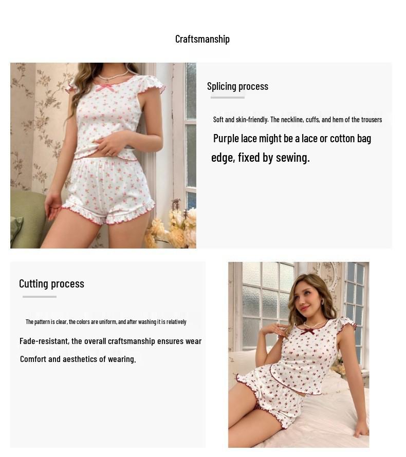 Women's Spring Floral Patchwork Pajama Set - Mushroom Hem Top & Shorts.