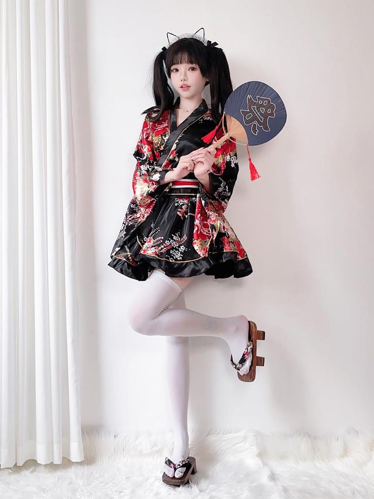 Ni Japanischer Oiran-Druck Yukata mit Obi-Set Einheitsgröße [Kaze Shion] Damen (Oiran) (Yukata) (Schärpe) - 2 Stück (Schwarz, Alle)