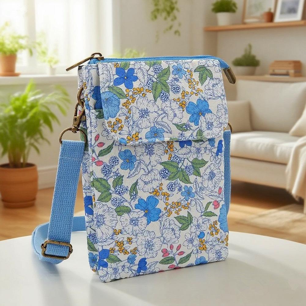 Japanese Floral Canvas Phone Crossbody Bag Women Multi Pocket Shoulder Bag Travel Passport Wallet Cell Phone Purse with Adjustable Strap