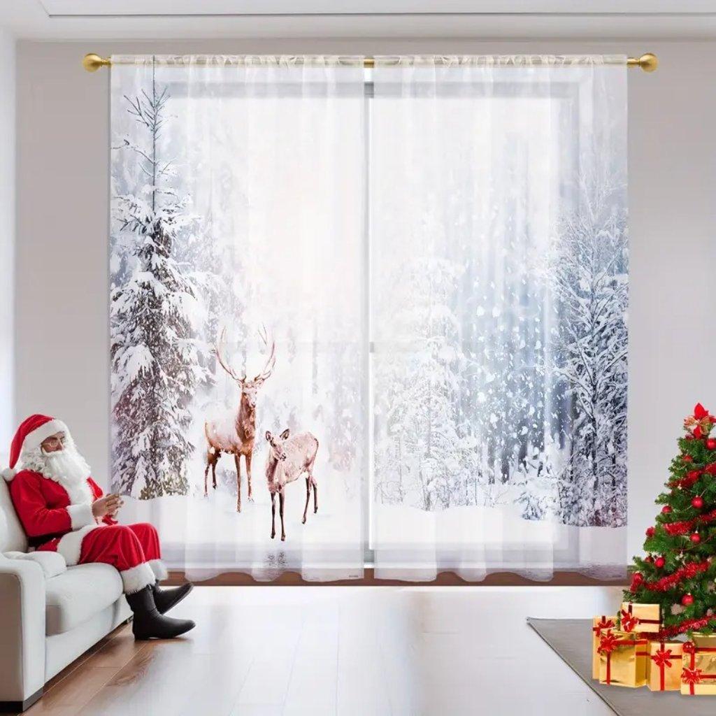 Charming Snowman Christmas Curtain Set Print Semi-Sheer Curtain Panels - 2Piece Rod Pocket Window Drapes for Bedroom