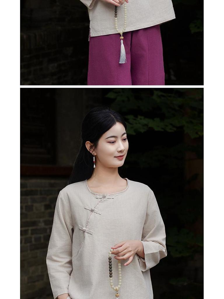 Spring & Autumn Retro Solid Color Cotton-Linen Zen Tea Top with Oblique Lapel & Frog Button