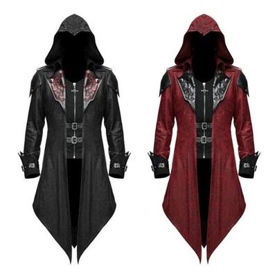 Men Steampunk Gothic Tuxedo Trench Coat Fold Neck Hooded Leather Tuxedo Coat Assassin Costume Halloween