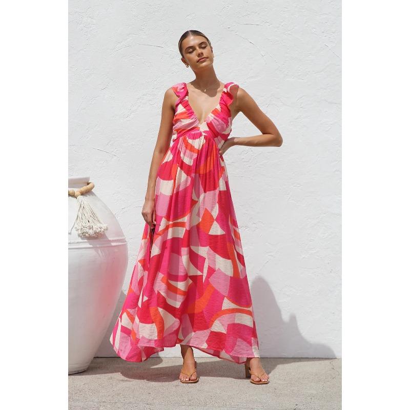 Европейские и американские летние новинки платья ins то же самое с принтом V-образный вырез маятник на бретельках платье для женщин S красный