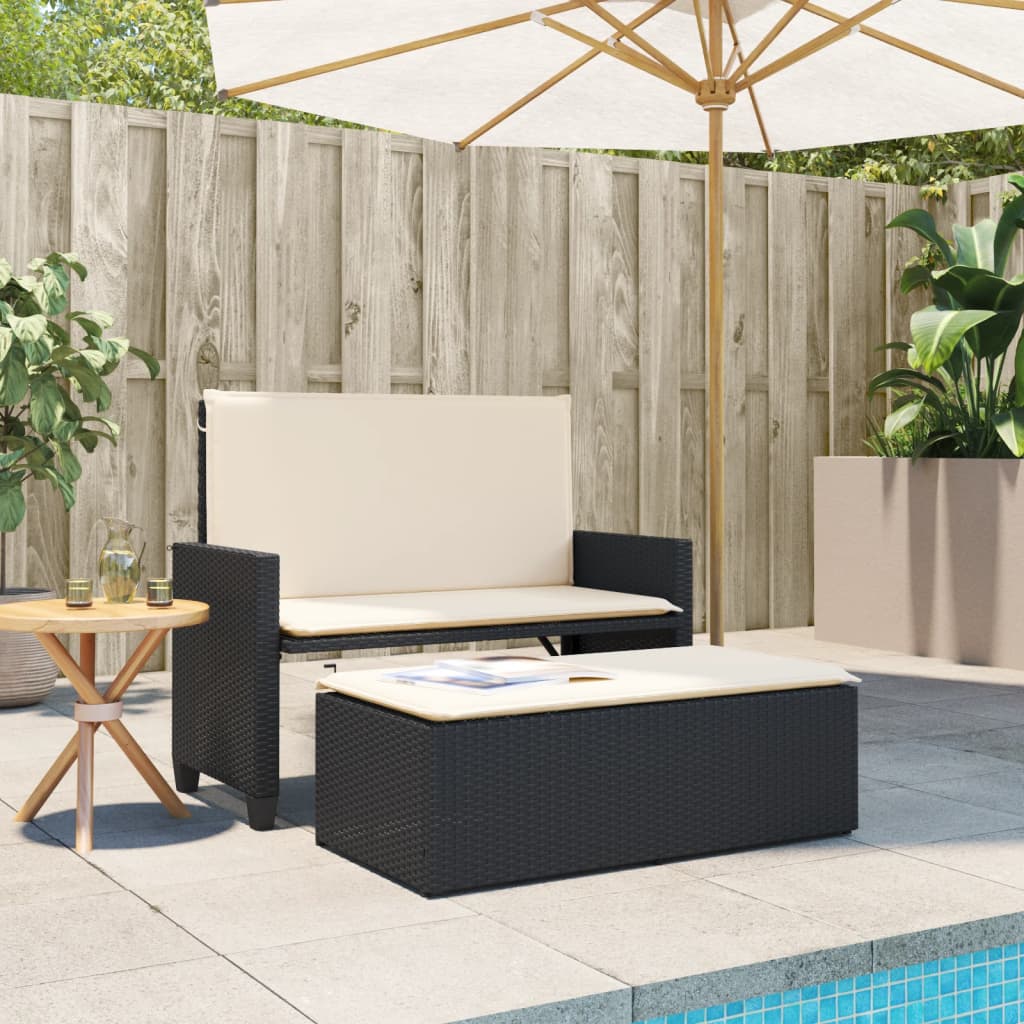 Garden Bench with Cushions and Footstool Black Poly Rattan
