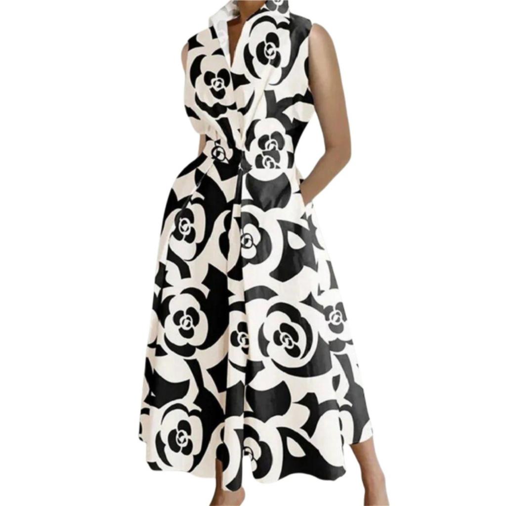 Women's Long Casual Dress Summer Sleeveless V-Neck Waist Retraction Printed Dress